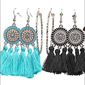Three pairs of boho silver tassel earrings